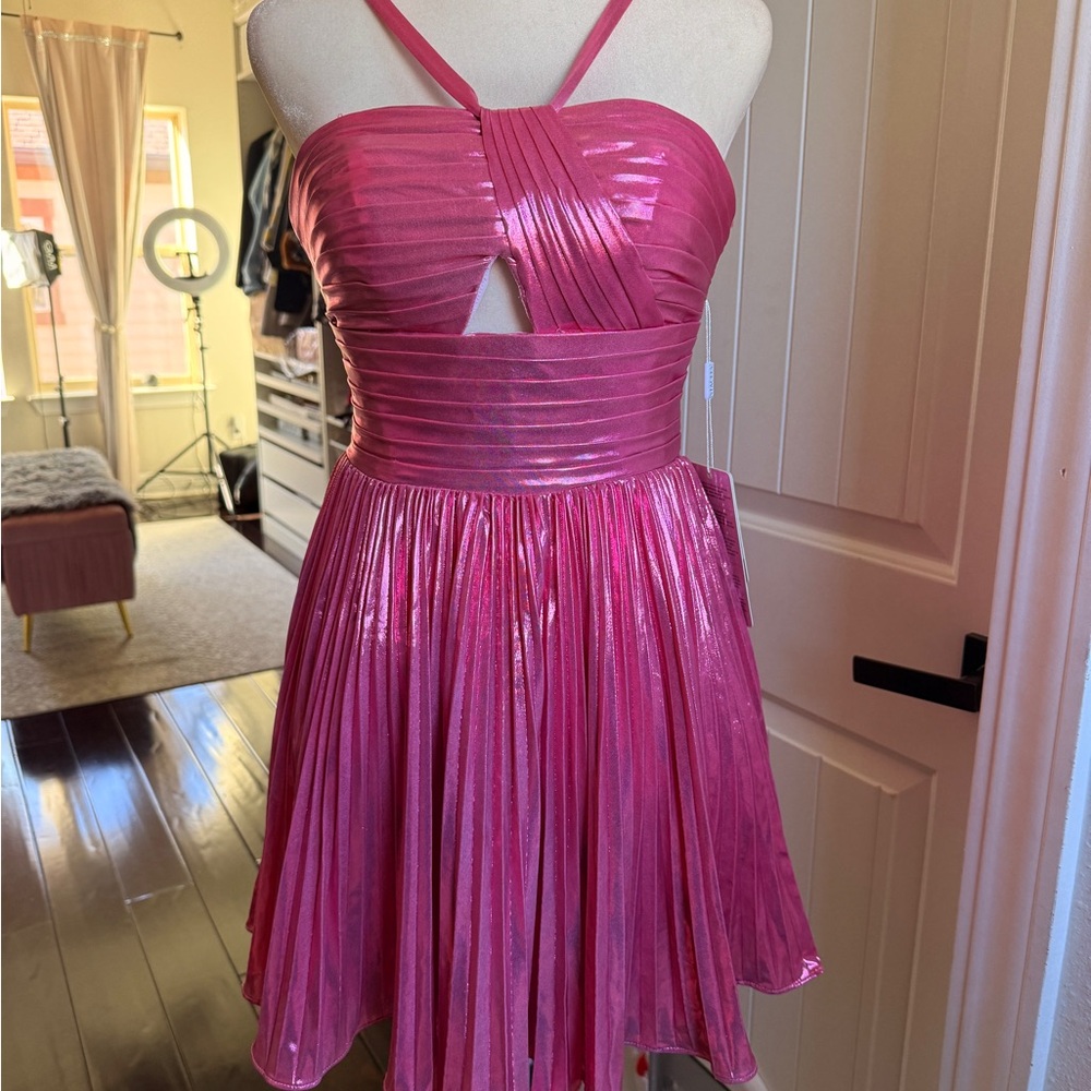 Stacees Metallic Pink Strappy Mini Dress With Pleats XS NWT - Picture 7 of 9